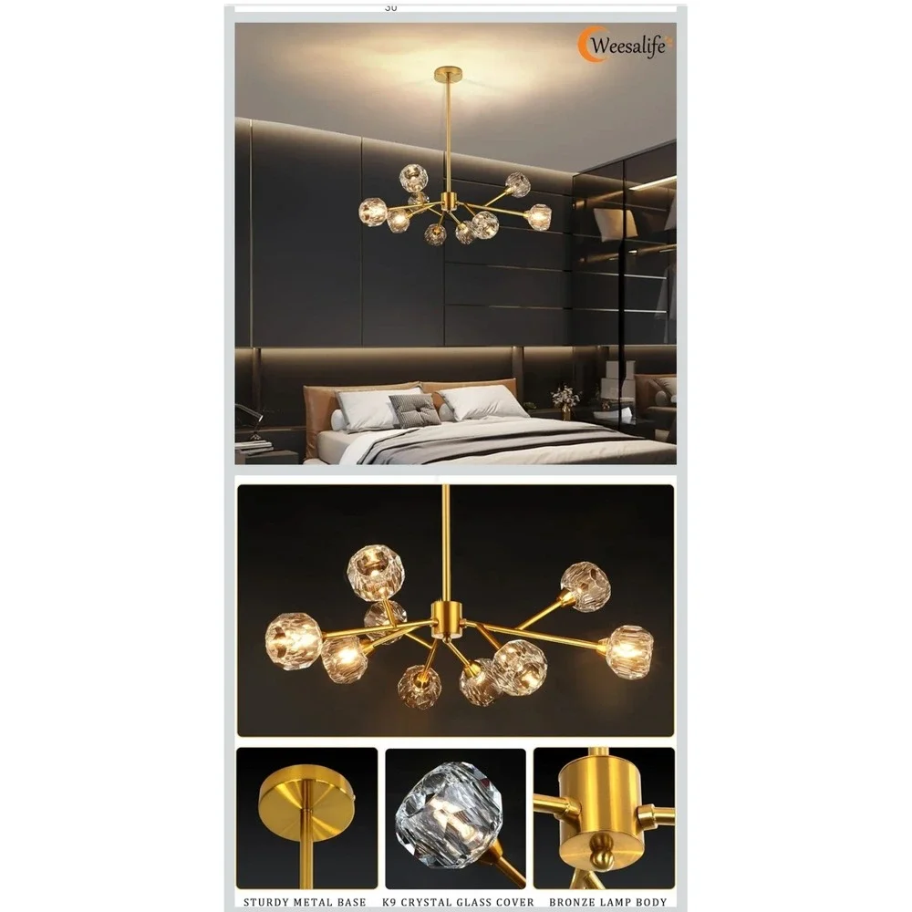 Modern 9-Light Crystal Chandelier in Gold - Perfect for Dining and Living Rooms